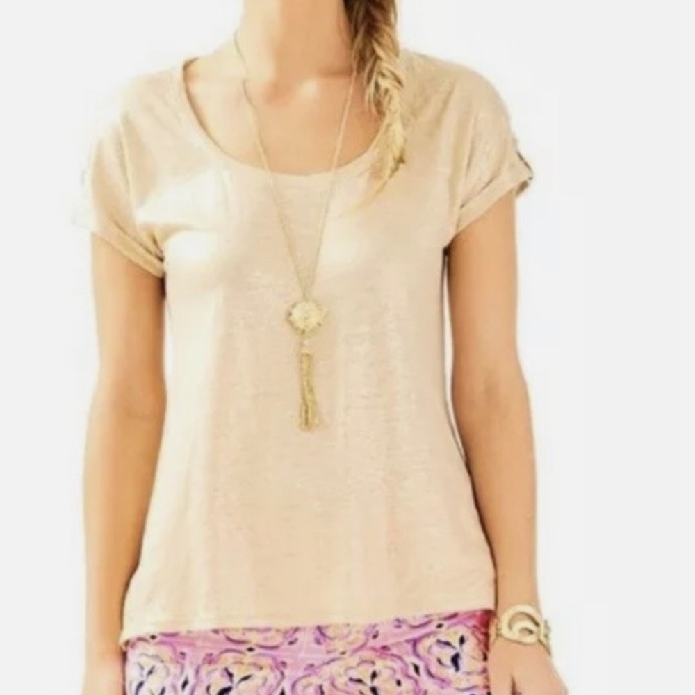 2/$10 Lilly Pulitzer shirt Inara Linen Sand Dune Gold Shimmer Small great love
